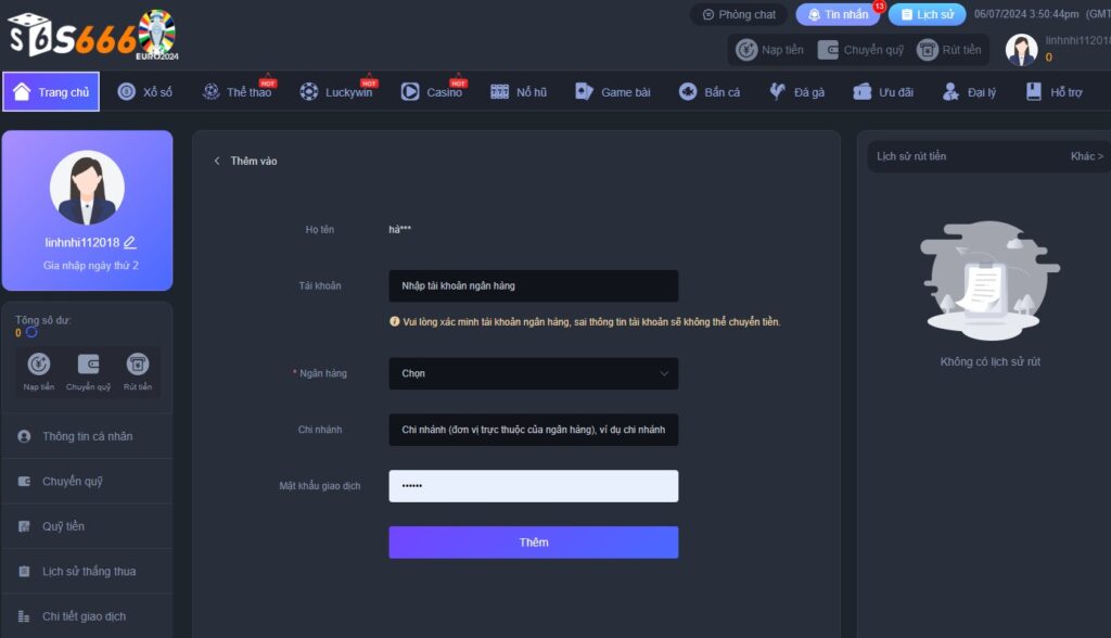 Thêm tài khoản ngân hàng để rút tiền tại S666.